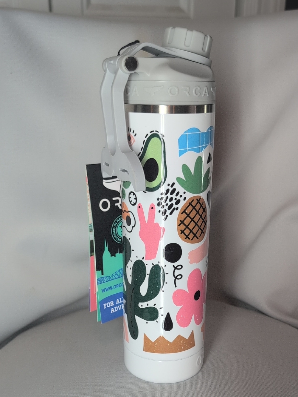 Orca White Stainless 22oz Bottle with Multicolor Graphic Design